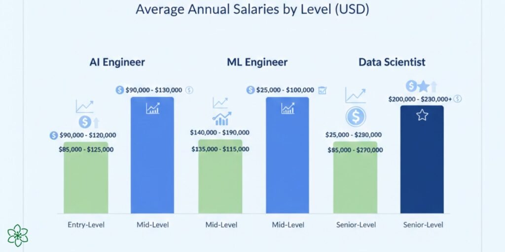 ai-jobs-salary-guide-2026-entry-mid-senior-level-positions-charts-graphs-dollar-symbols-ai-engineers-ml-engineers-data-scientists