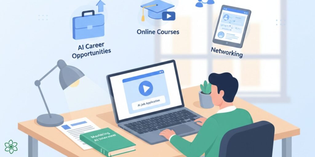 how-to-land-your-dream-ai-job-professional-preparing-resume-laptop-interview-prep-ai-career-opportunities-online-courses-networking